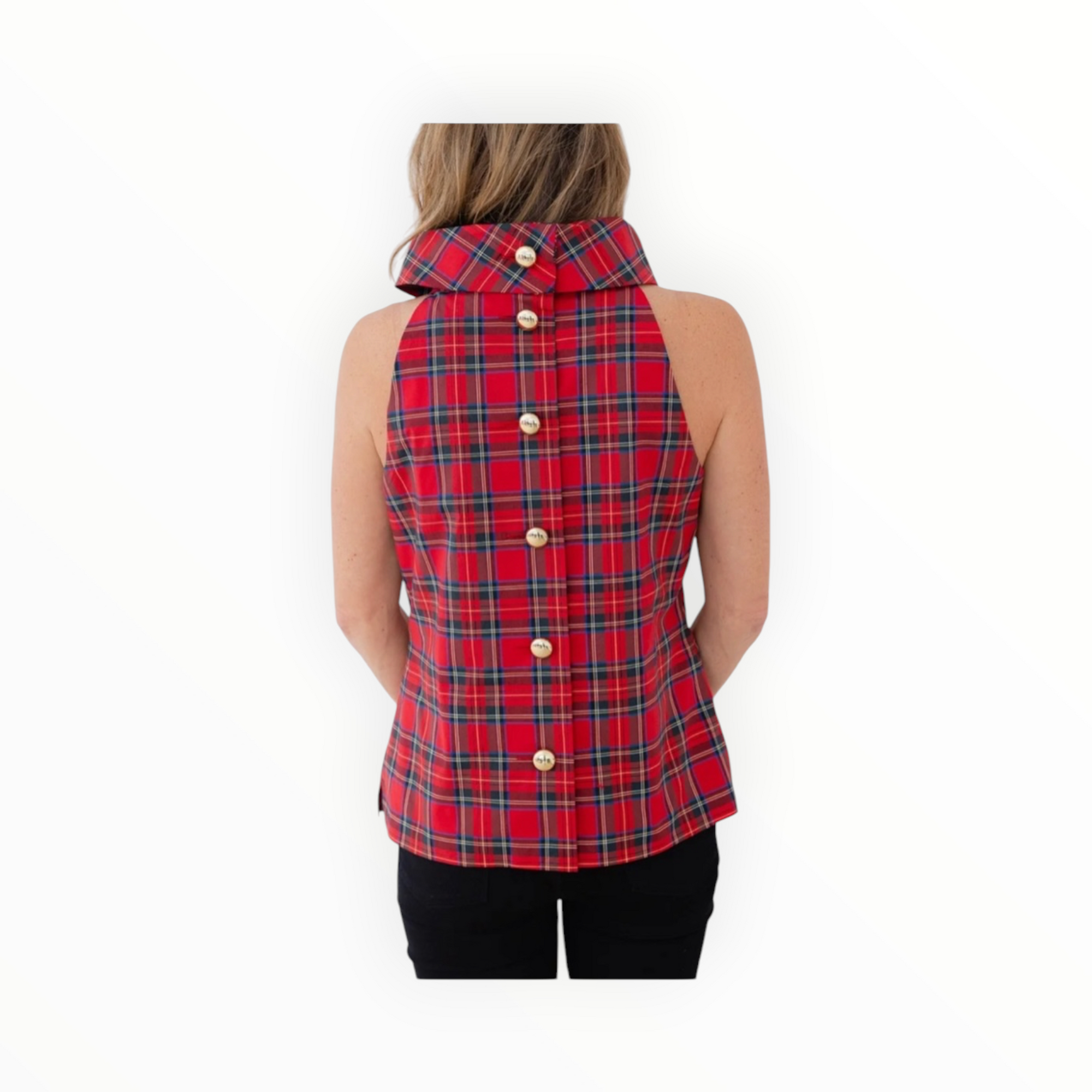 Sail to Sable Tartan Cowl Neck Button Back Top - Red