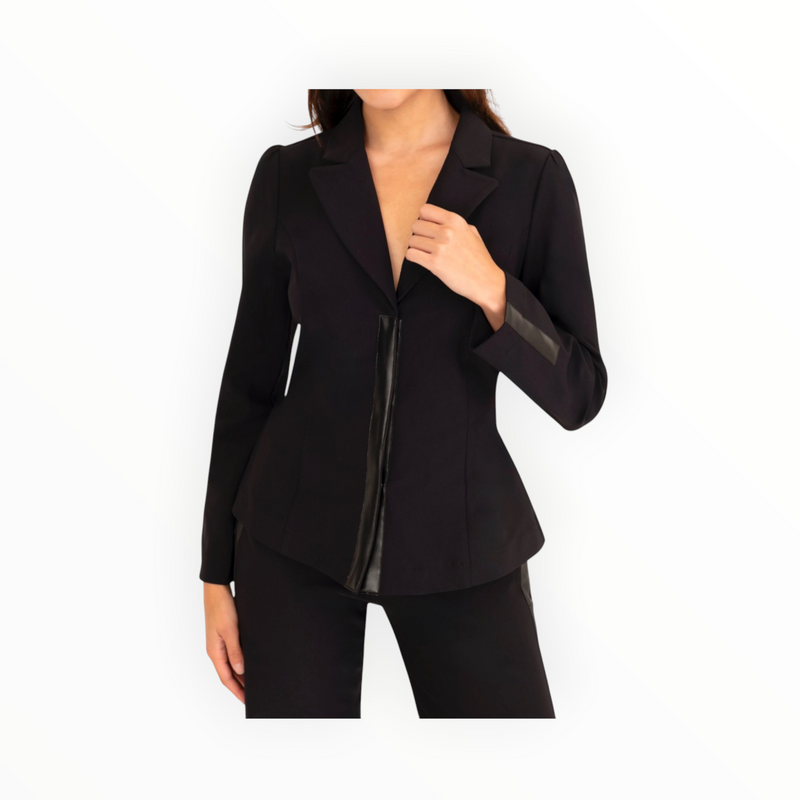 Elaine Kim Carlyle Tech Stretch Puff Sleeve Blazer W/Vegan Trim - Black