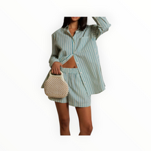 perfectwhitetee Avalon Poplin Button Down - Teal Blue/Sugar Stripe