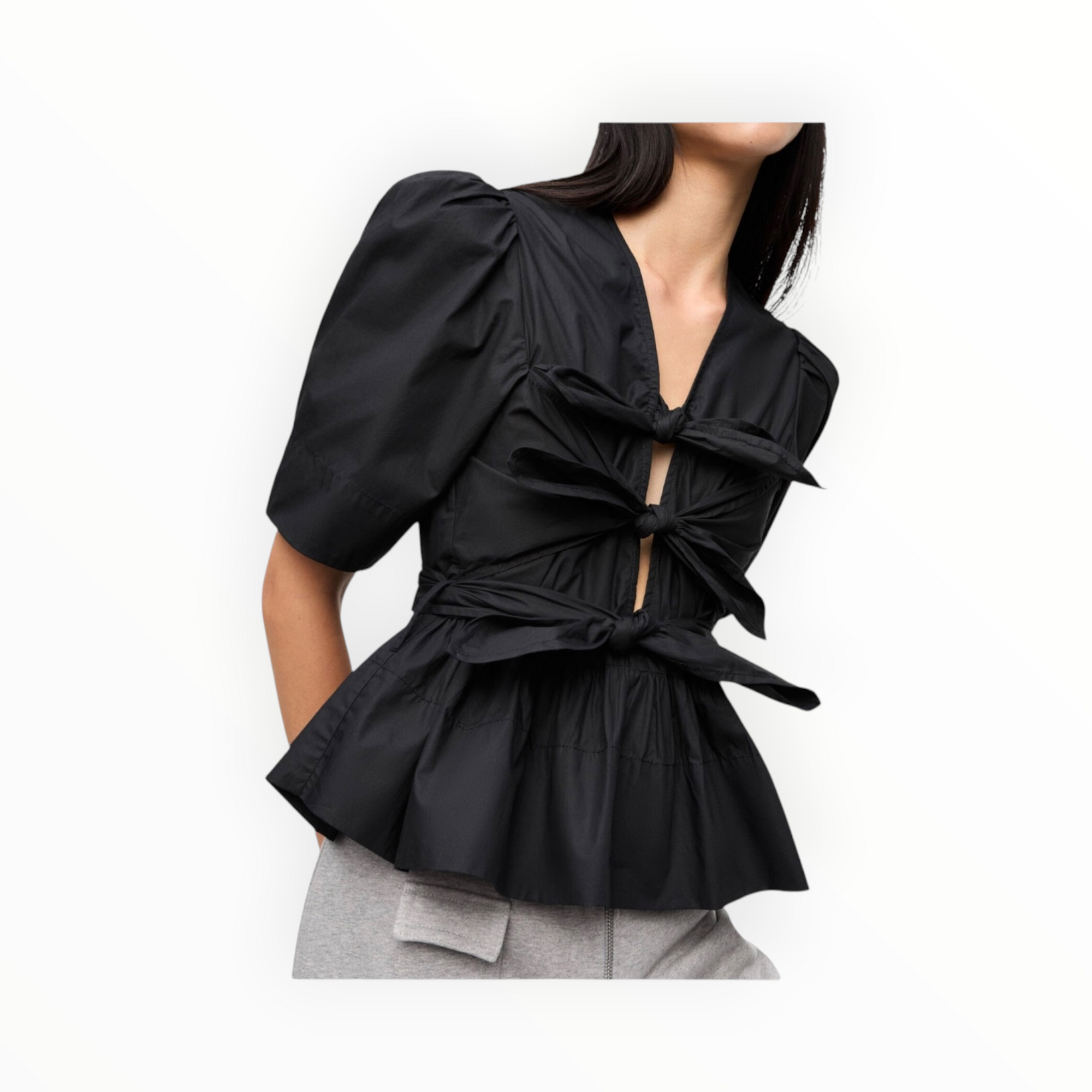 GANNI Stretch Cotton Tie Strap Blouse - Black