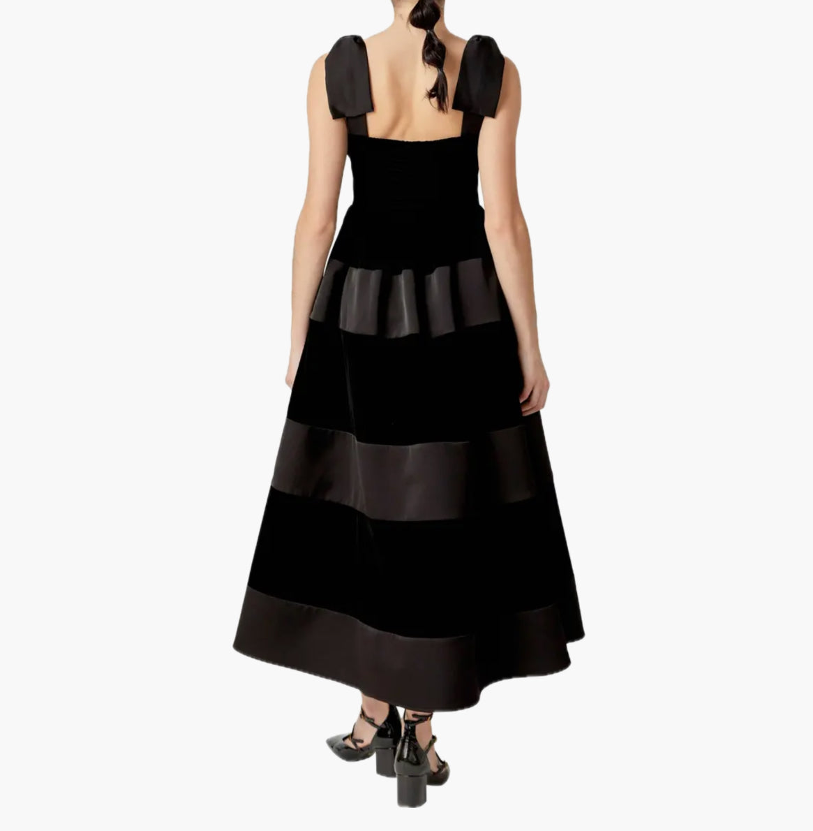 English Factory Bow Shoulder Velvet Contrast Dress - Black