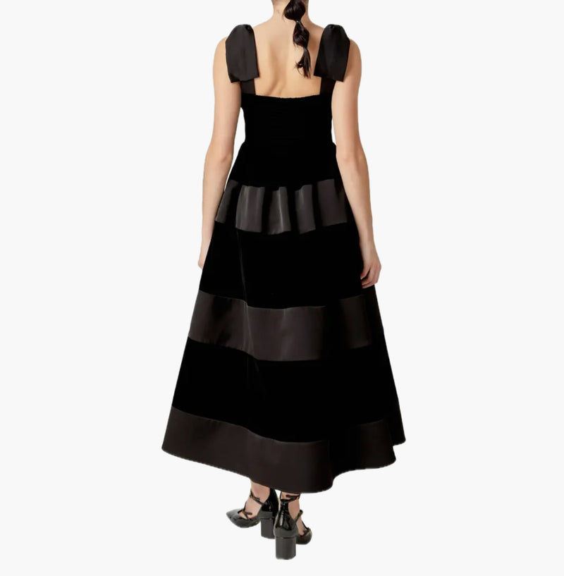 English Factory Bow Shoulder Velvet Contrast Dress - Black