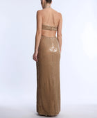 BCBGMAXAZRIA Sequin Cutout Halter Gown - Almond