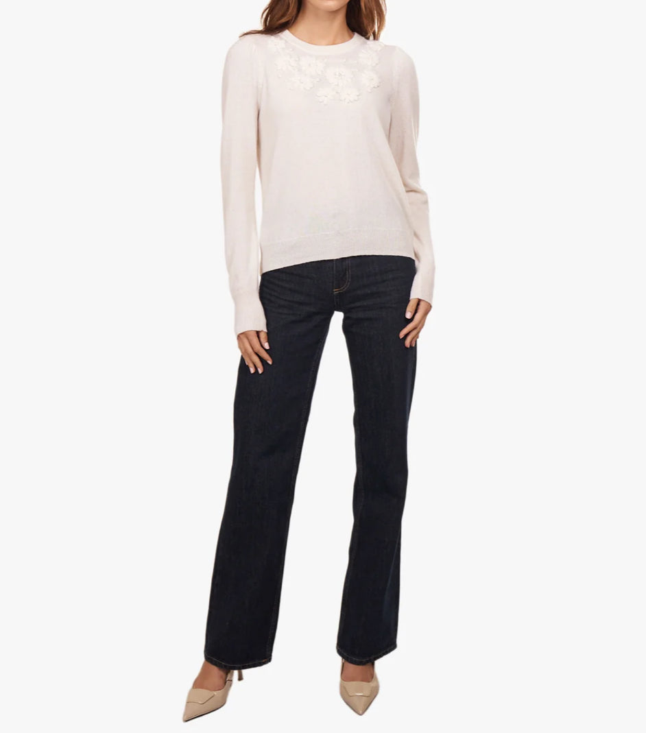 Autumn Cashmere Puff Sleeve Crew w/ Floral Hand Embroidery - Chalk