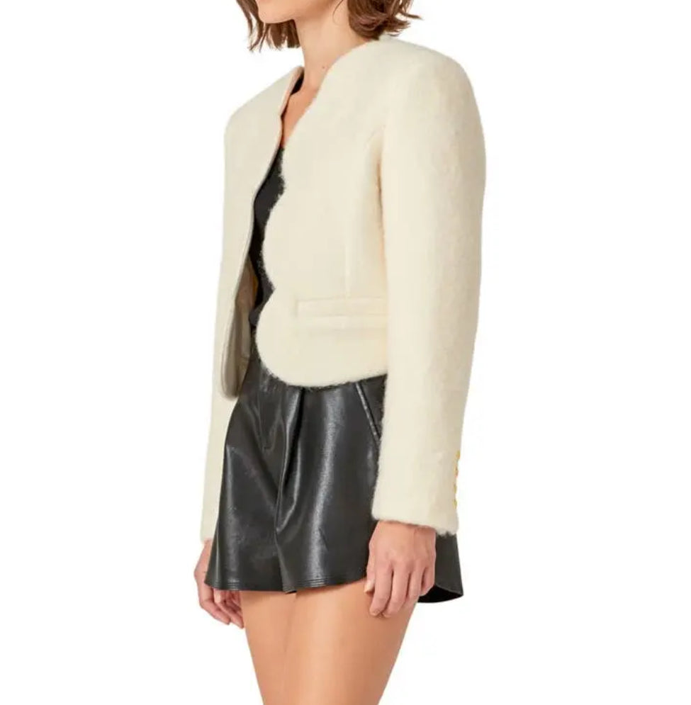 English Factory Scalloped Wool Blend Crop Jacket - Off White