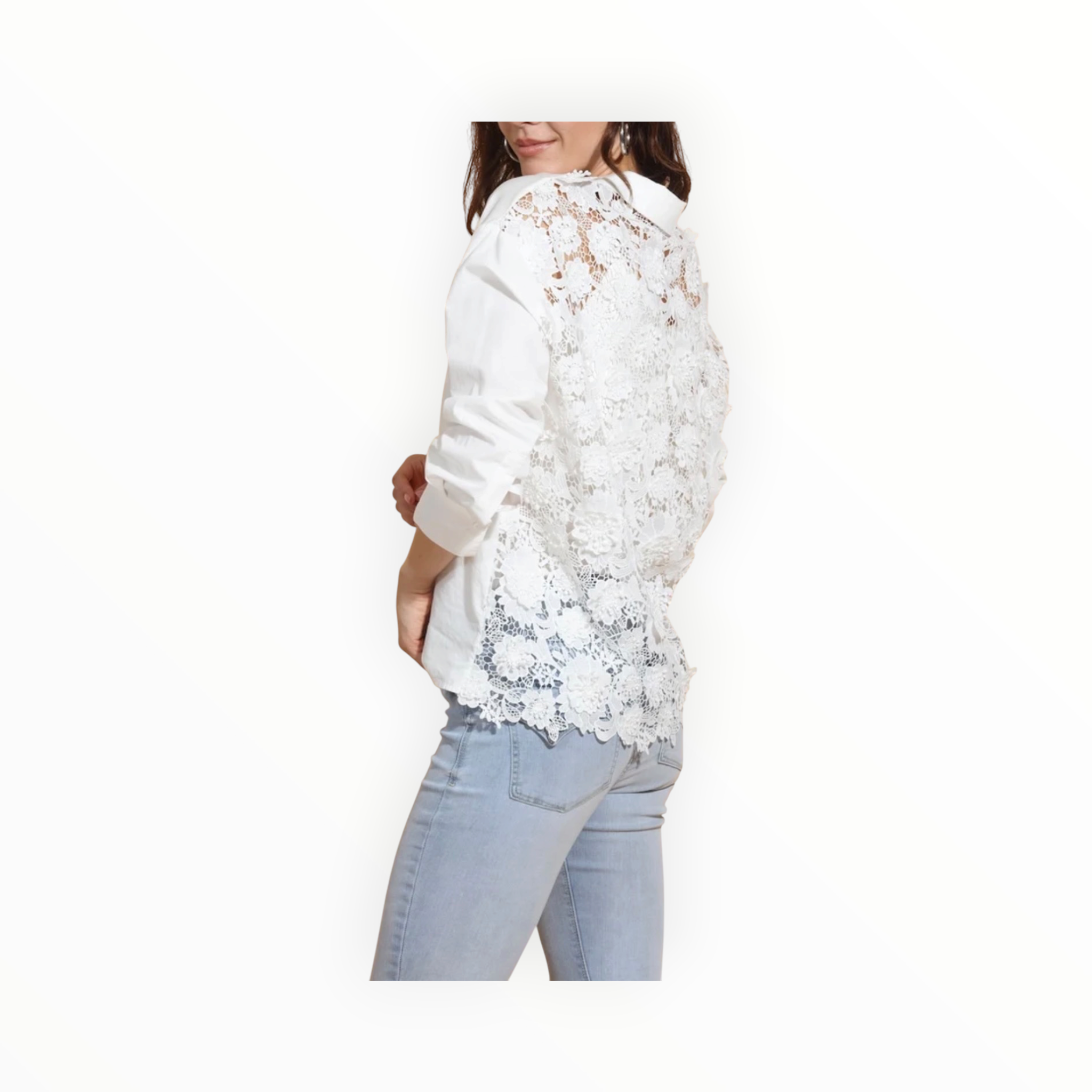Jessie Liu Cotton Shirt with 3-D Applique Lace Back - White