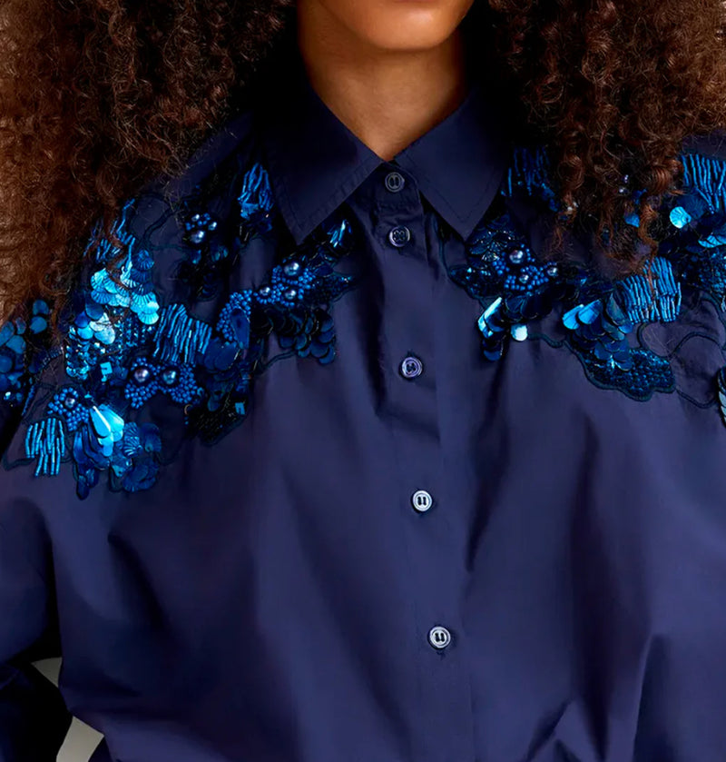 Essentiel Antwerp Gdog Sequin & Beaded Embroideries Shirt 
- Navy