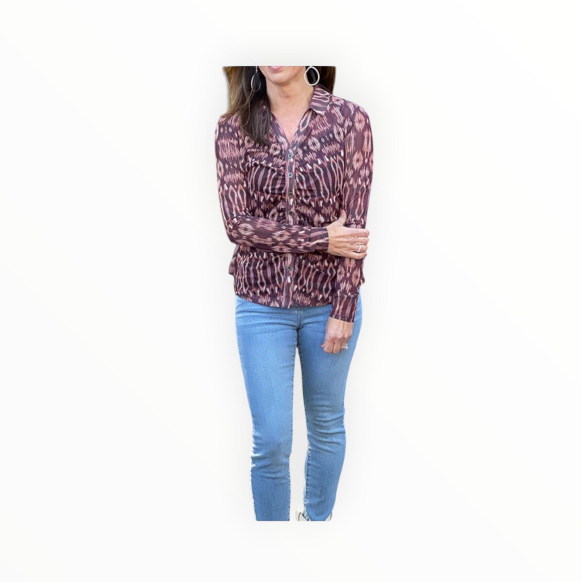 Liverpool Mesh Button Front Knit Shirt - Burgundy Ikat
