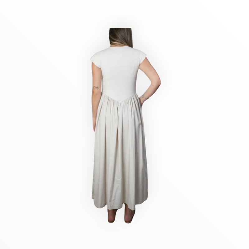 Miou Muse Ribbed Top Woven Skirt Combo Dress - Cream