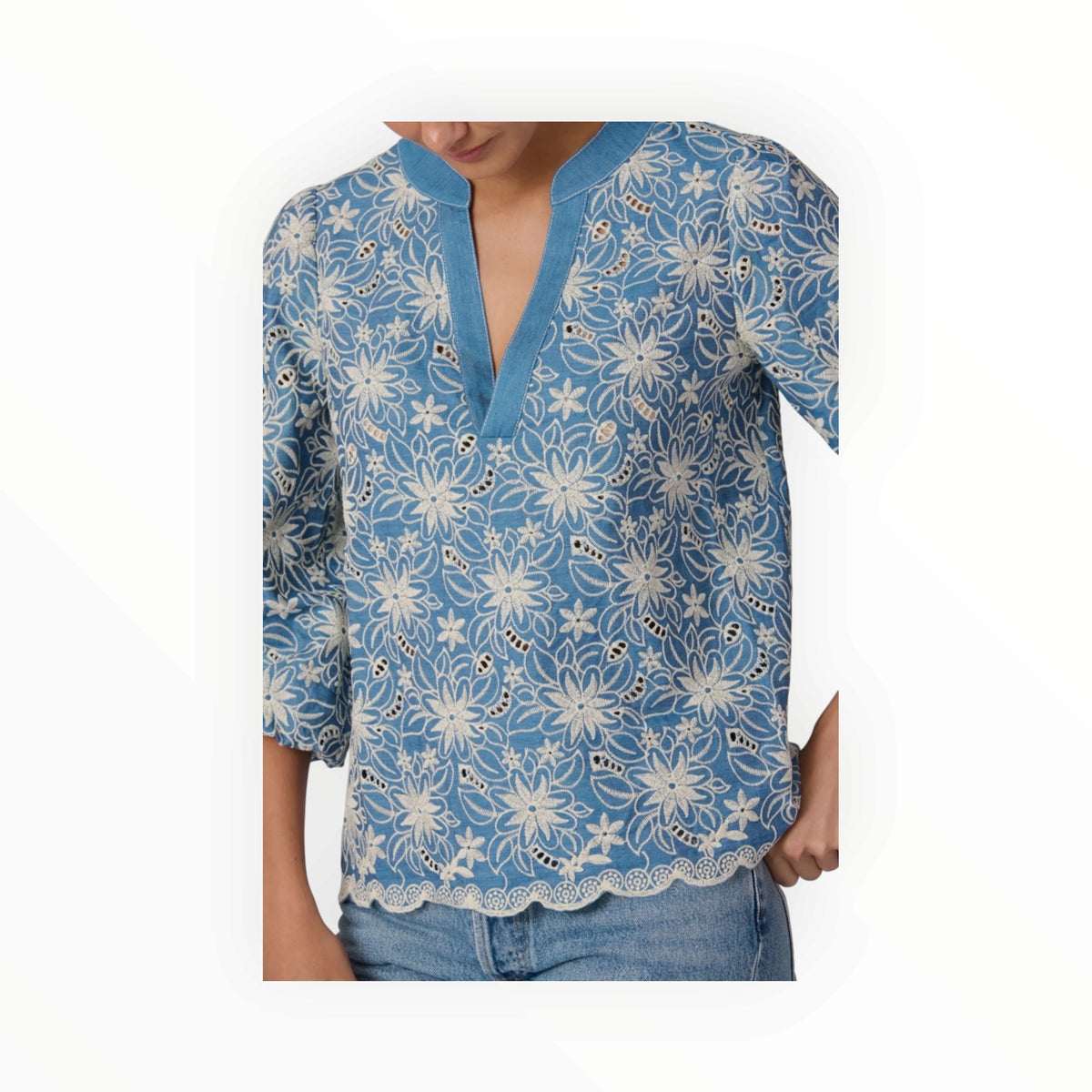 Shoshanna Embroidered Lizzie Top - Chambray Ivory