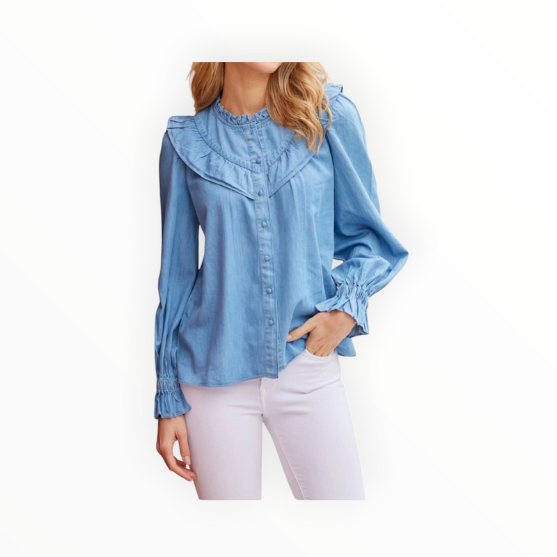 Sail to Sable Long Sleeve Ruffle Bib Blouse - Light Chambray