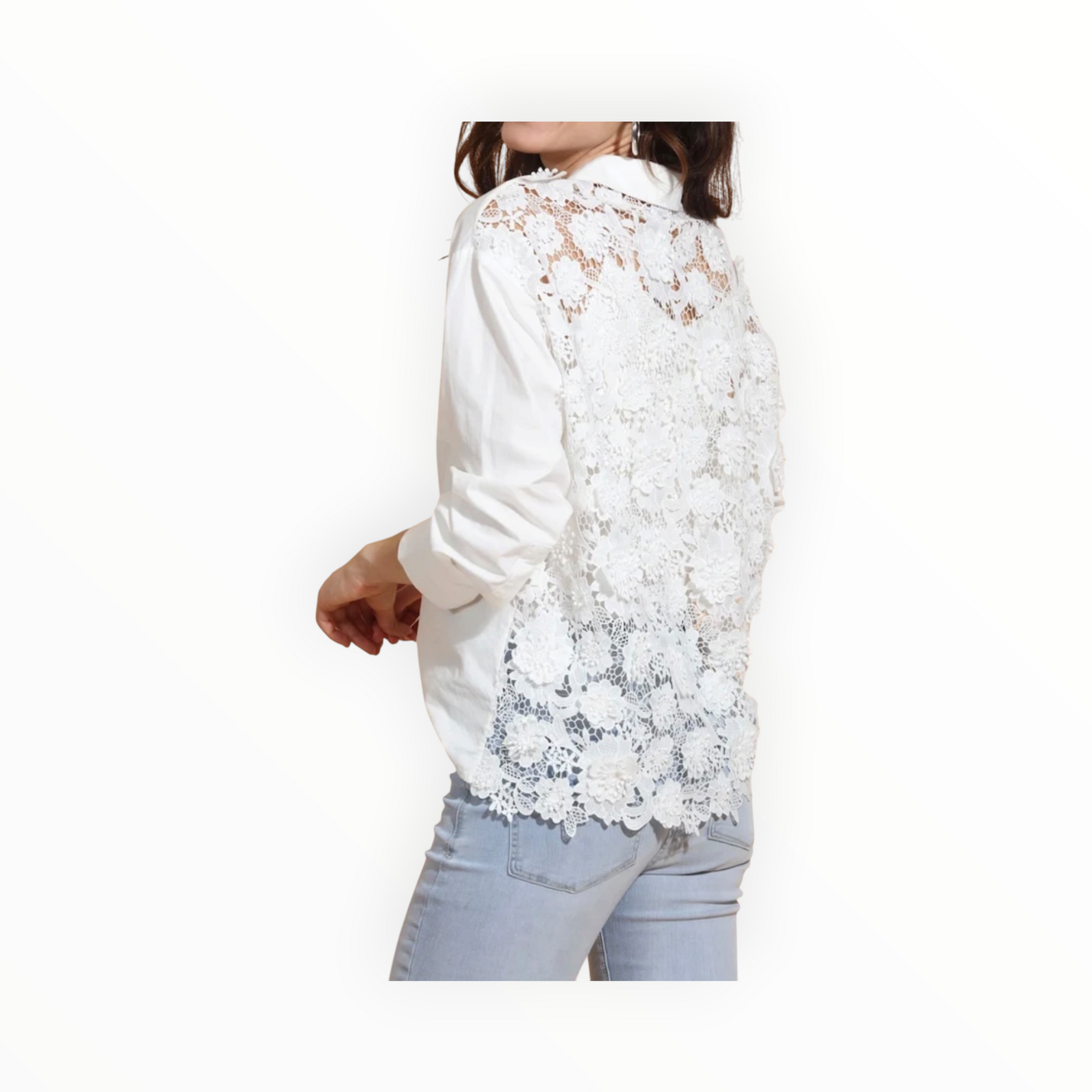 Jessie Liu Cotton Shirt with 3-D Applique Lace Back - White