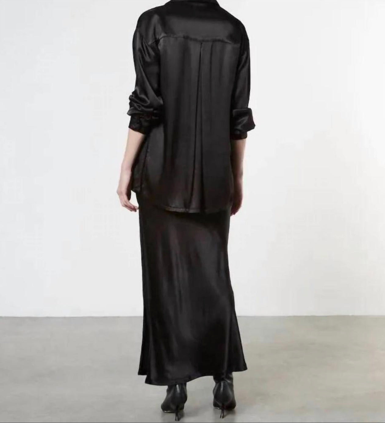 Enza Costa Satin Long Sleeve Shirt - Black