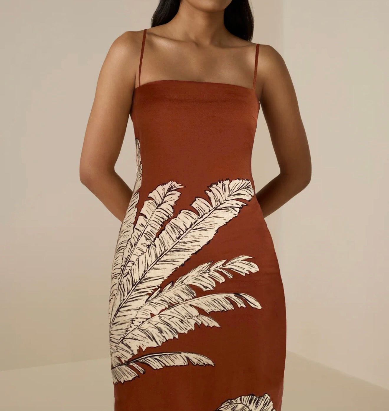 Hemant & Nandita Palm Strappy Midi Dress - Terracotta