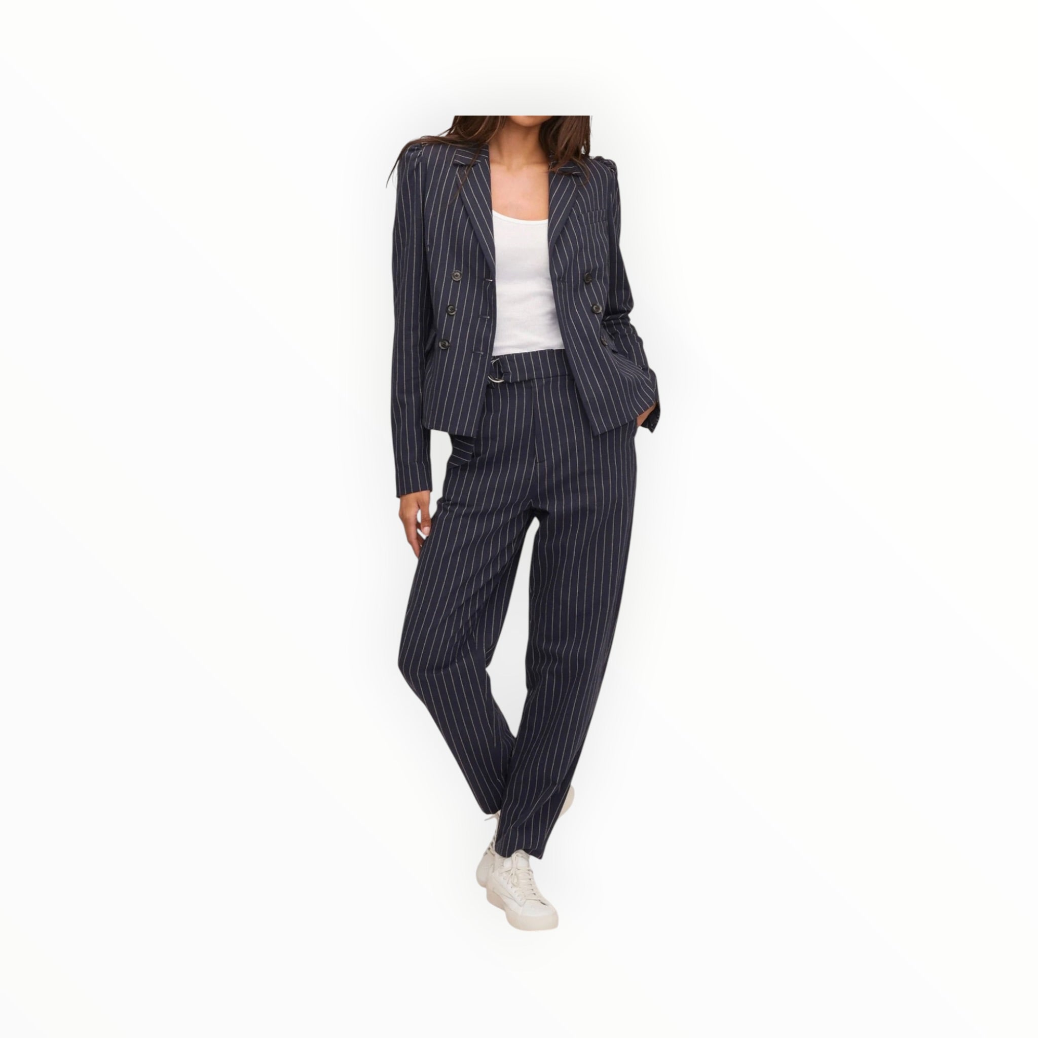Marissa Webb Noel Double Breasted Blazer - Navy Beige Pinstripe