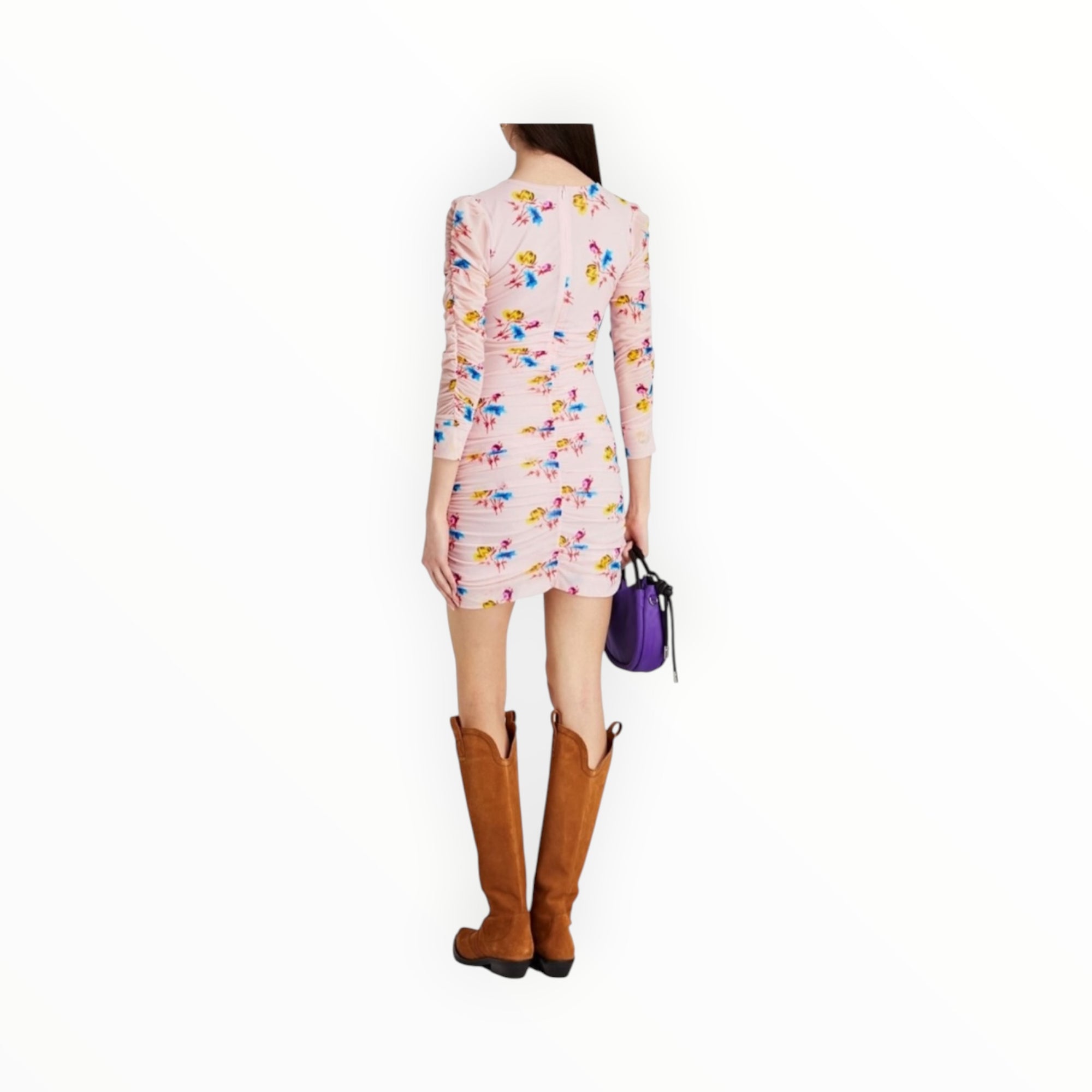GANNI Ruched Floral Print Stretch Mesh Dress