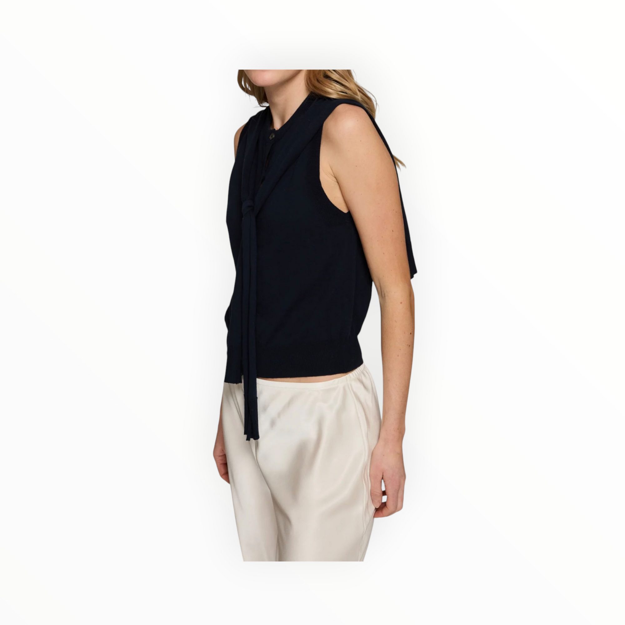 Autumn Cashmere Sleeveless Button Front Vest W/ Tie Sleeves - Navy