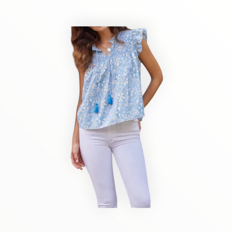 Sail to Sable Flutter Sleeve Tassel Top - Periwinkle Floral
