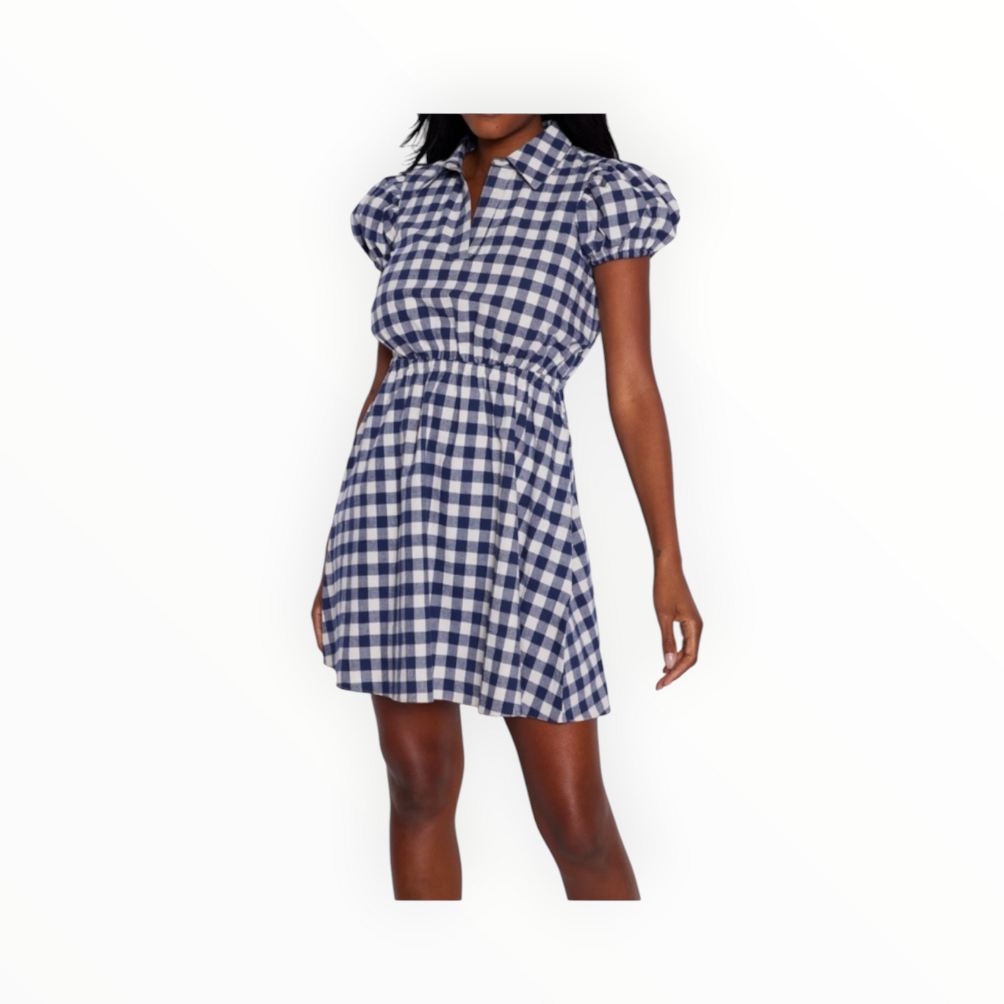 Sail to Sable Gingham Puff Sleeve Shirt Dress - Navy/Winter White