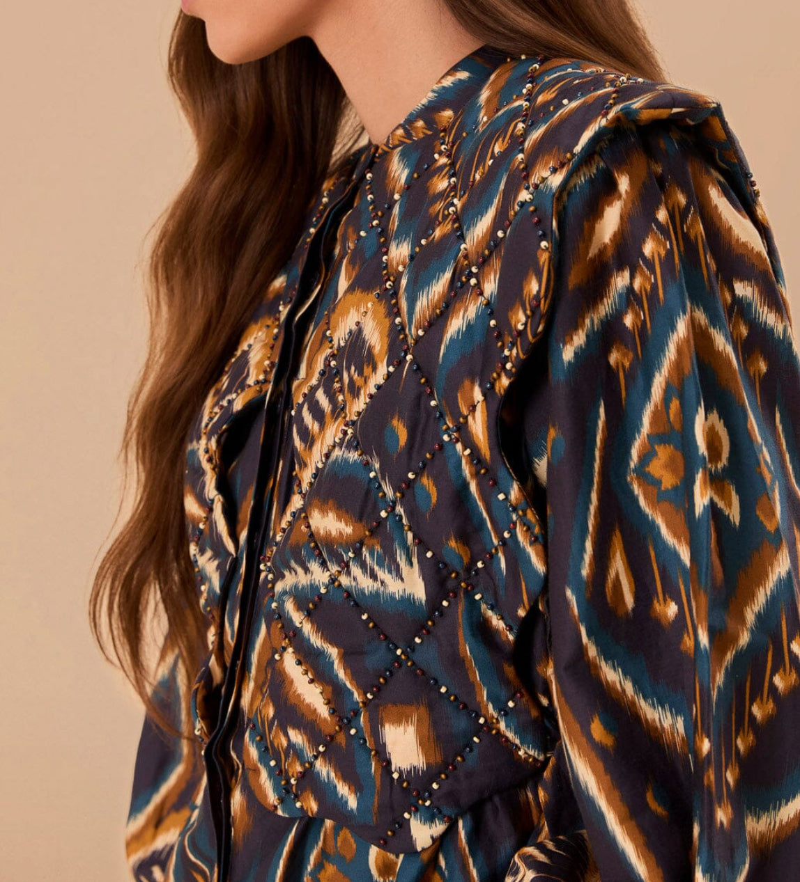 Farm Rio Blue Pineapple Ikat Long Sleeve Matelasse Blouse