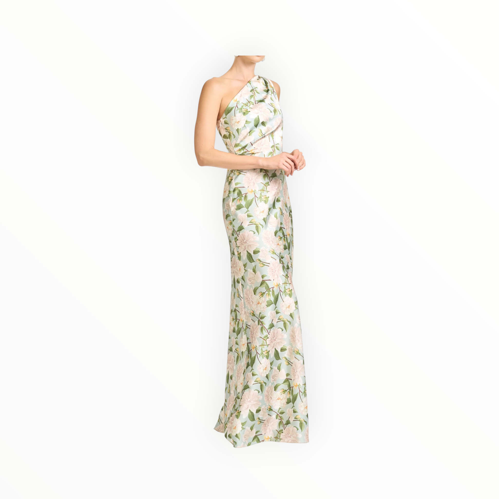 Sachin & Babi Delphine Mint Green Floral One Shoulder A-Line Gown - Celadon Sweetbriar