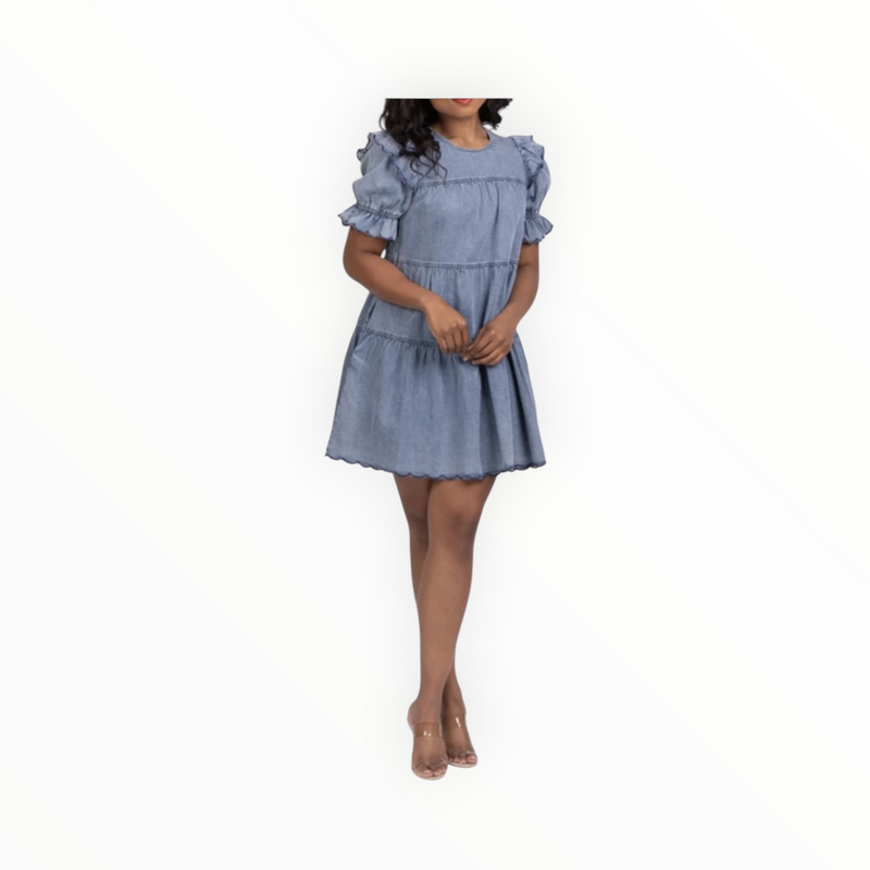 Stellah Washed Puff Sleeve Tiered Mini Dress - Denim