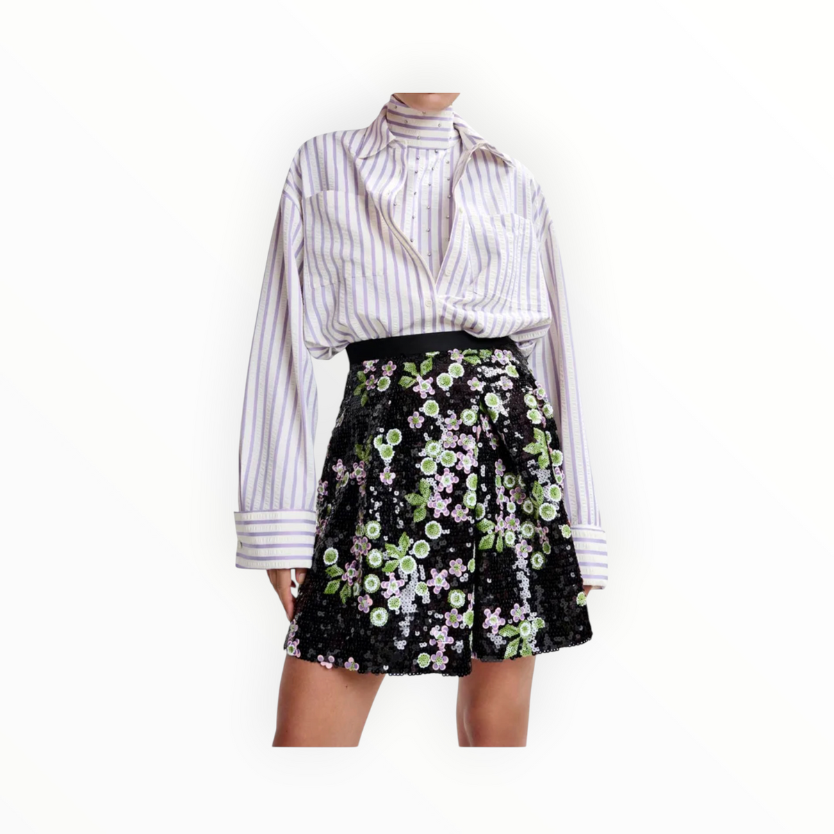 Essentiel Antwerp Tulip-Shape Mini Skirt W/Sequin Embellishments - Black/Green/Pink
