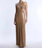 BCBGMAXAZRIA Sequin Cutout Halter Gown - Almond