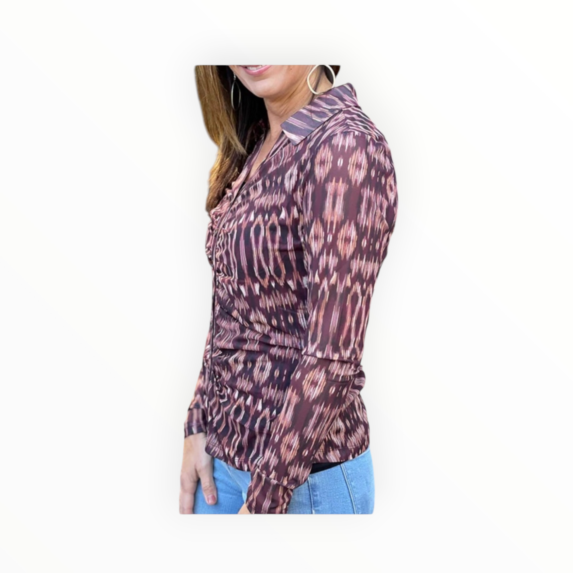 Liverpool Mesh Button Front Knit Shirt - Burgundy Ikat