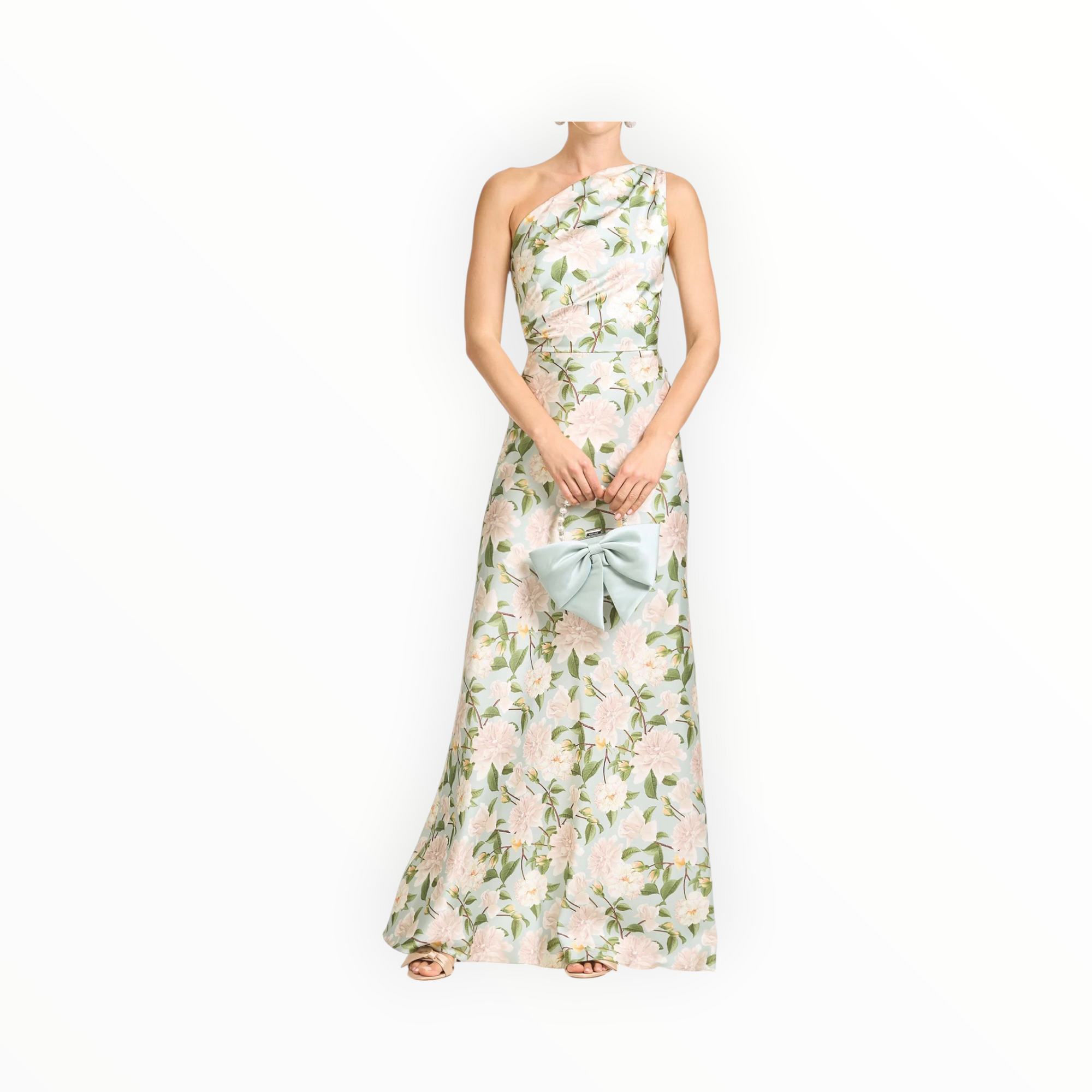 Sachin & Babi Delphine Mint Green Floral One Shoulder A-Line Gown - Celadon Sweetbriar