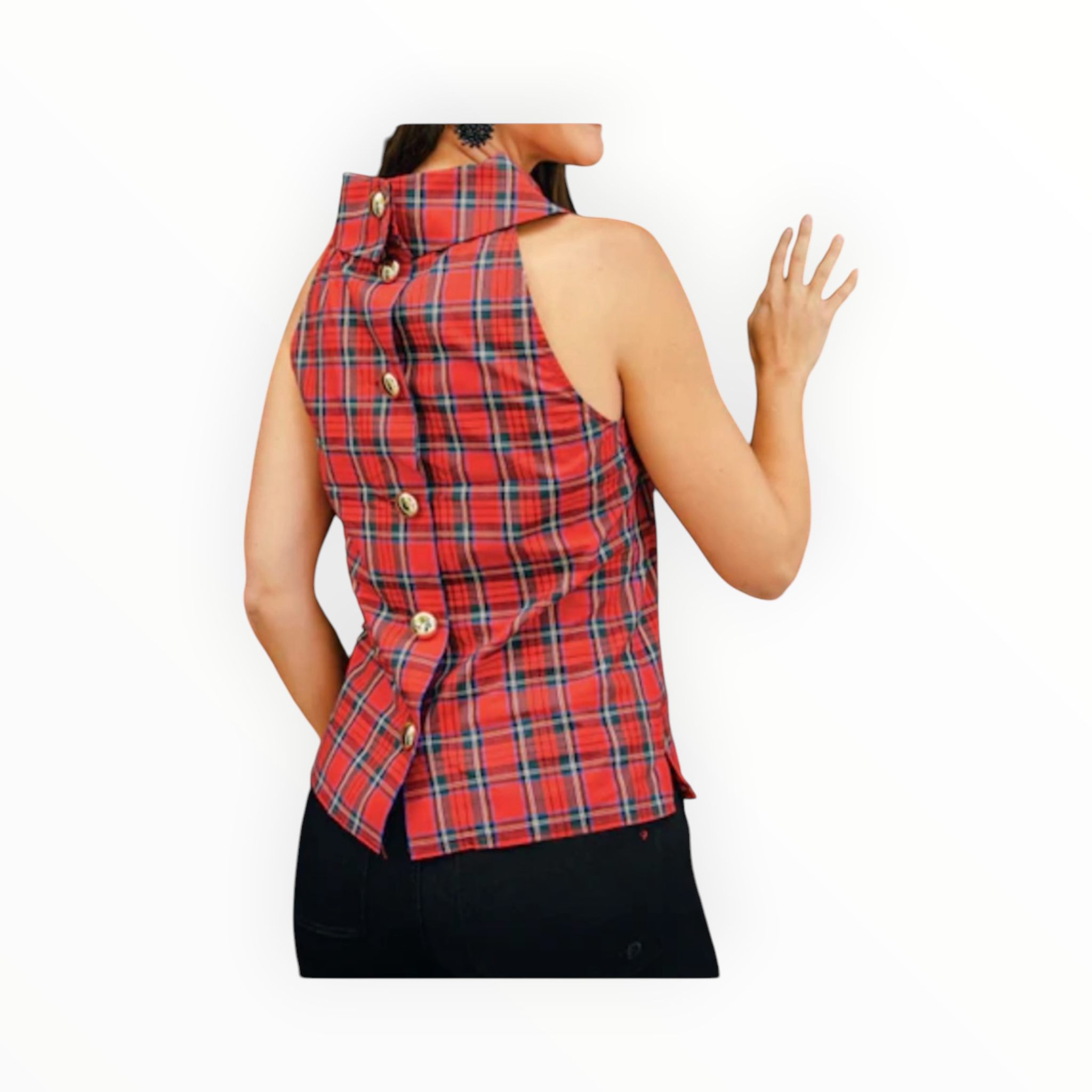 Sail to Sable Tartan Cowl Neck Button Back Top - Red