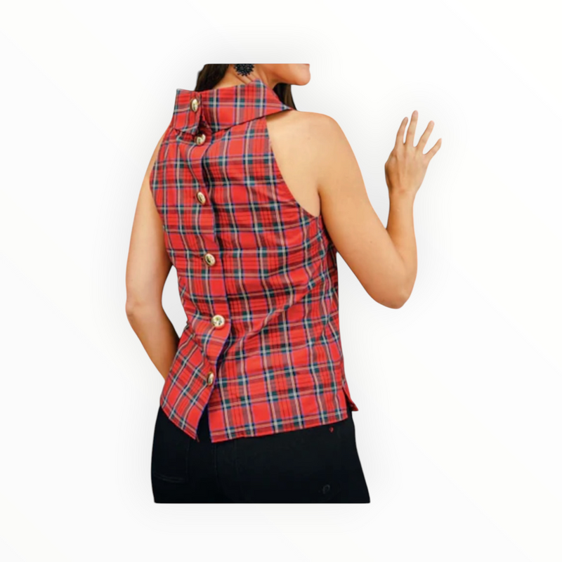 Sail to Sable Tartan Cowl Neck Button Back Top - Red