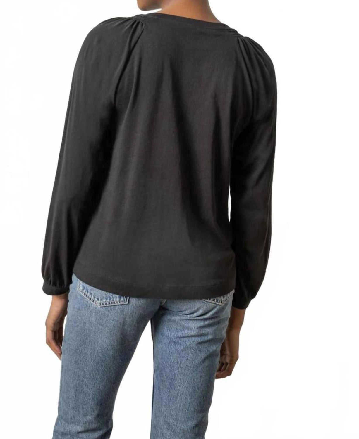 LILLA|P Full Sleeve Smocked V-Neck Tee - Black