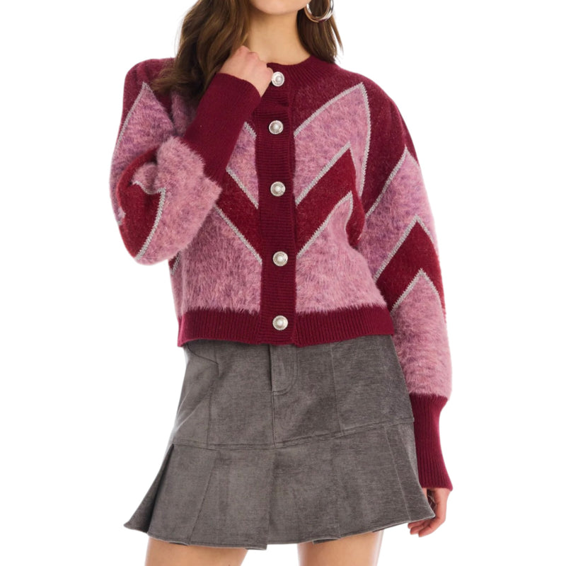 Allison New York Fuzzy Chevron Cardigan - Deep Red