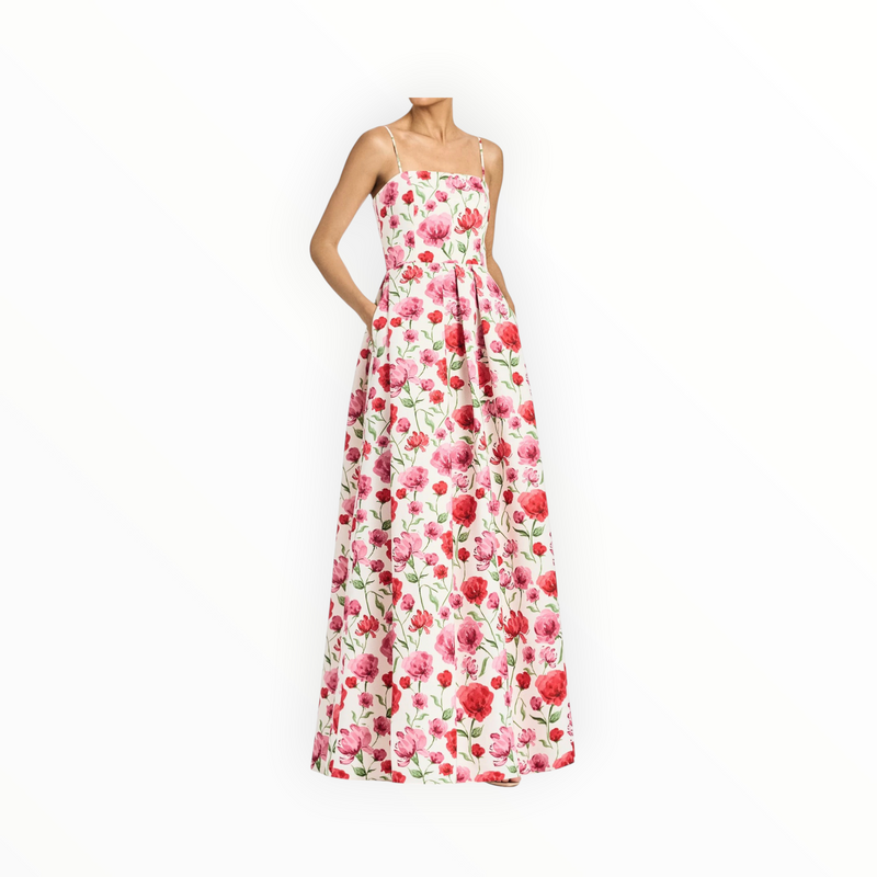 Sachin & Babi Beau Ivory Floral Waist Gown - Watercolor Poppies