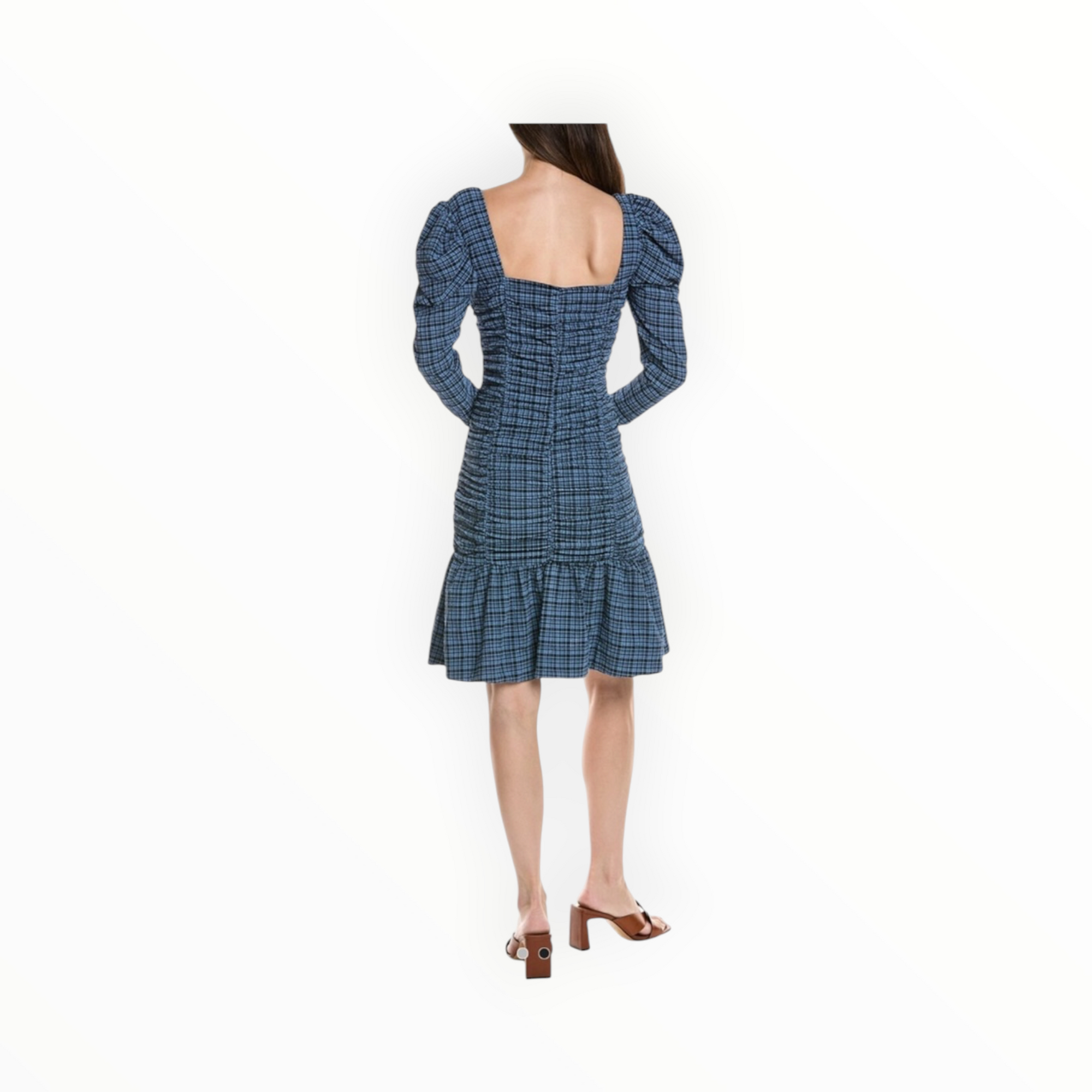 Ganni Stretch Seersucker Gathered Mini Dress - Mini Check Granada Sky