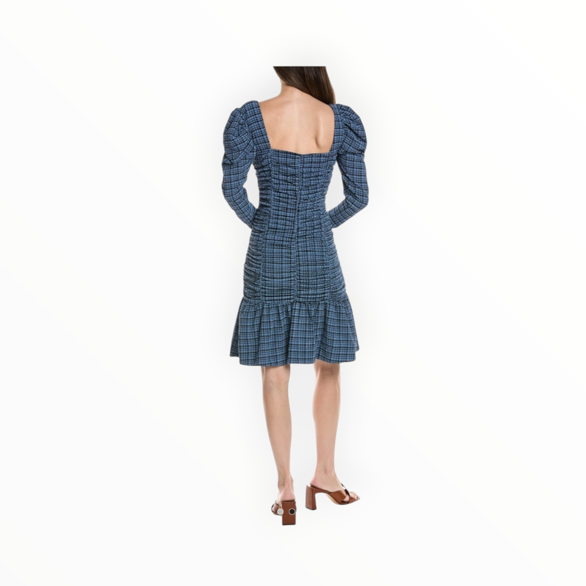 Ganni Stretch Seersucker Gathered Mini Dress - Mini Check Granada Sky