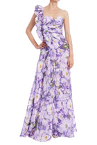 Badgley Mischka Ruffle One Shoulder Floral Gown - Lilac Multi