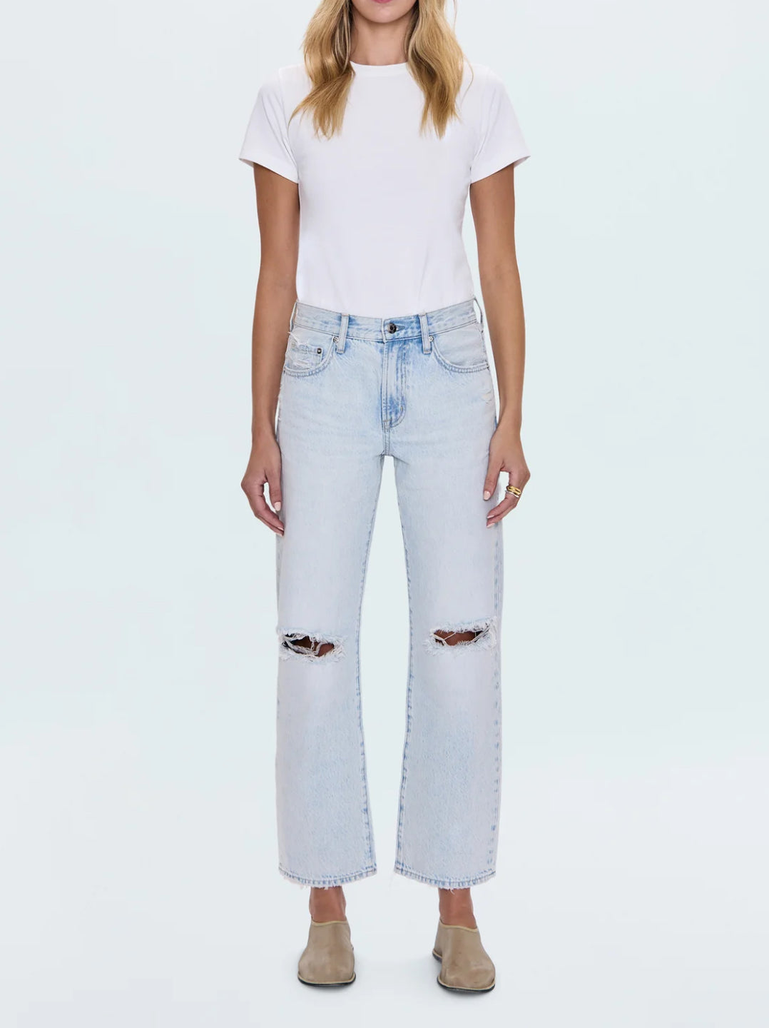 Pistola Lexi Mid Rise Bowed Straight Jean - Solstice Distressed