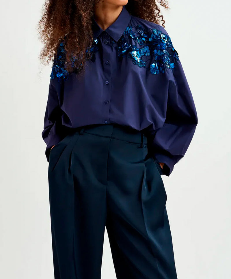 Essentiel Antwerp Gdog Sequin & Beaded Embroideries Shirt 
- Navy