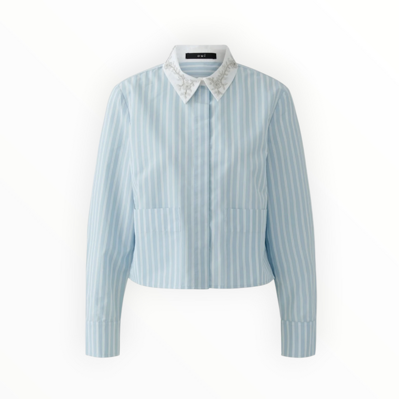 Oui Blue/White Stripe Shirt With Jewelled Collar