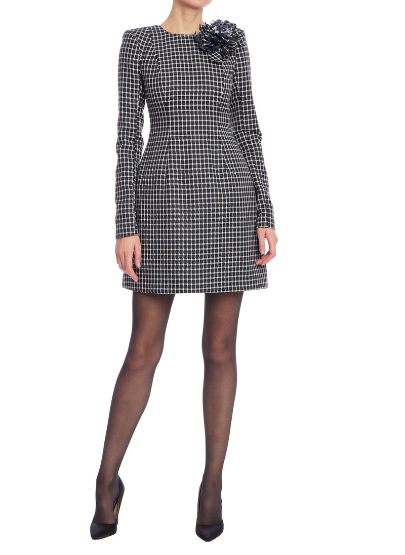 Badgley Mischka Plaid Long Sleeve Mini Dress With Floral Detail