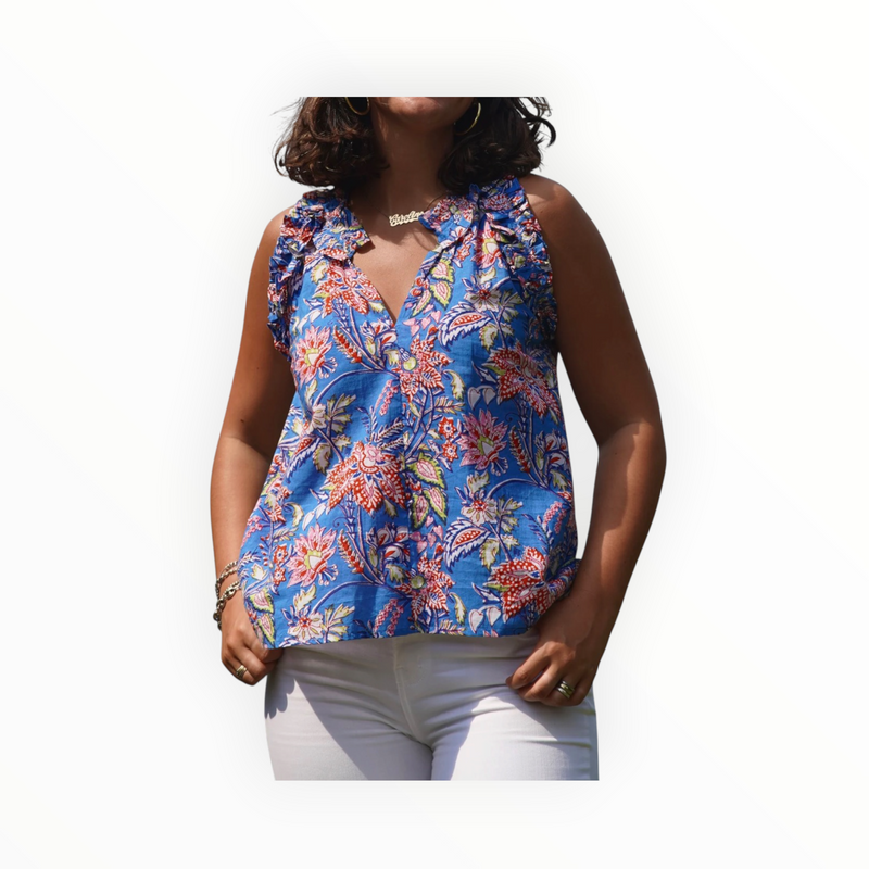 La Plage Butterfly Top in Confetti Block Print - Blue Multi