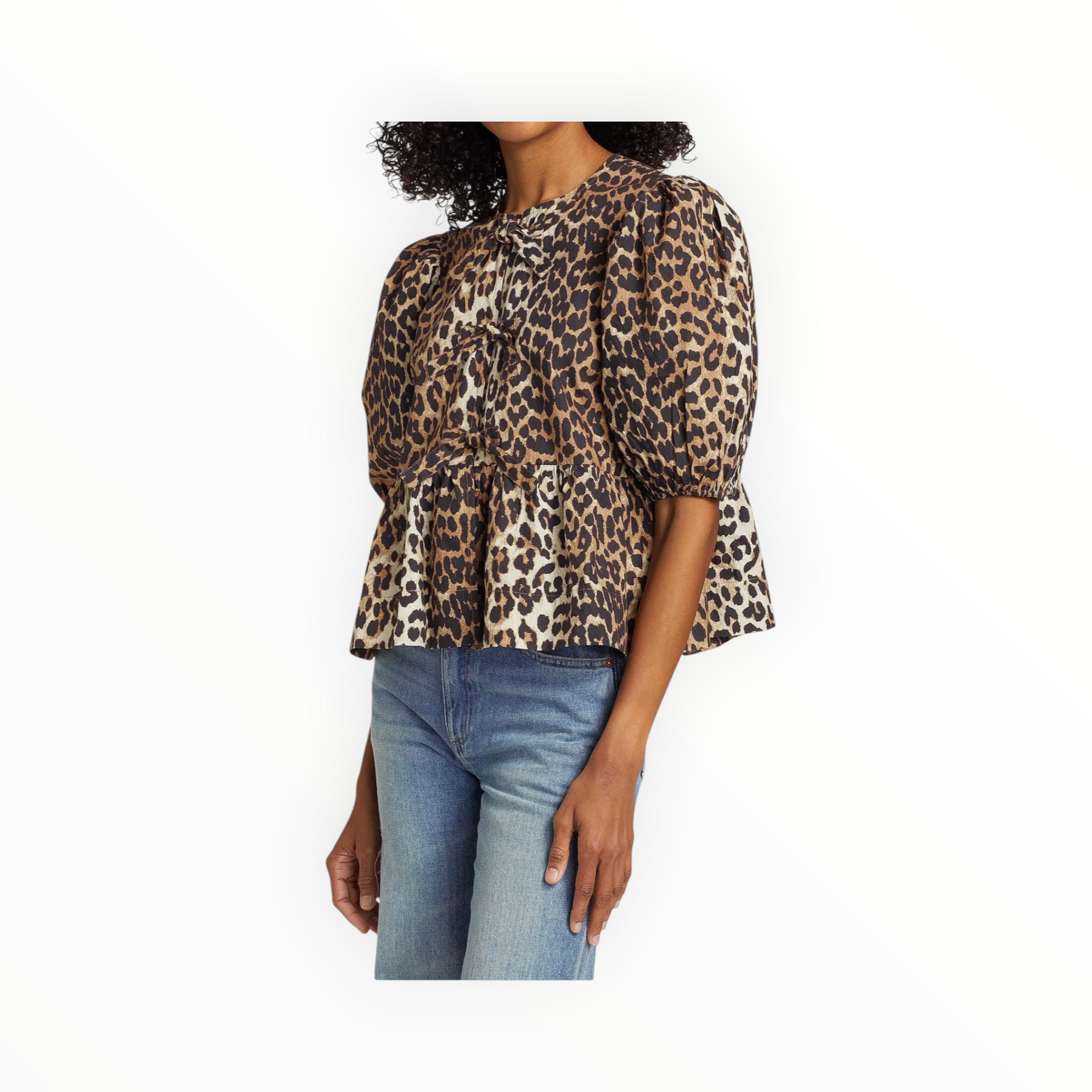GANNI Cotton Poplin Peplum Tie Blouse - Leopard