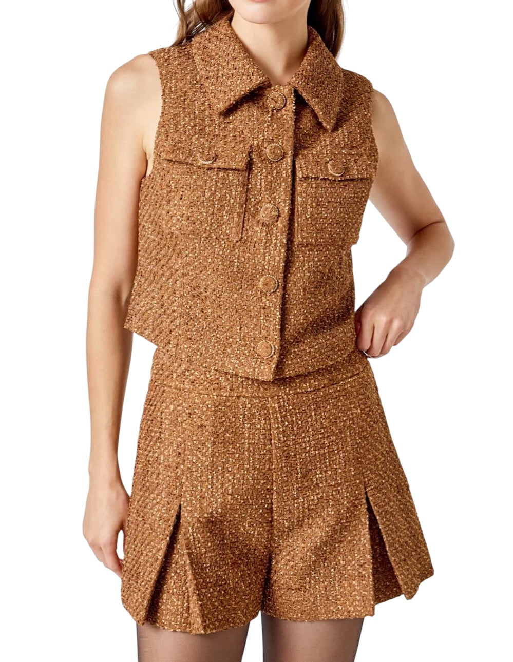 endless rose Tweed Short Sleeveless Jacket - Camel