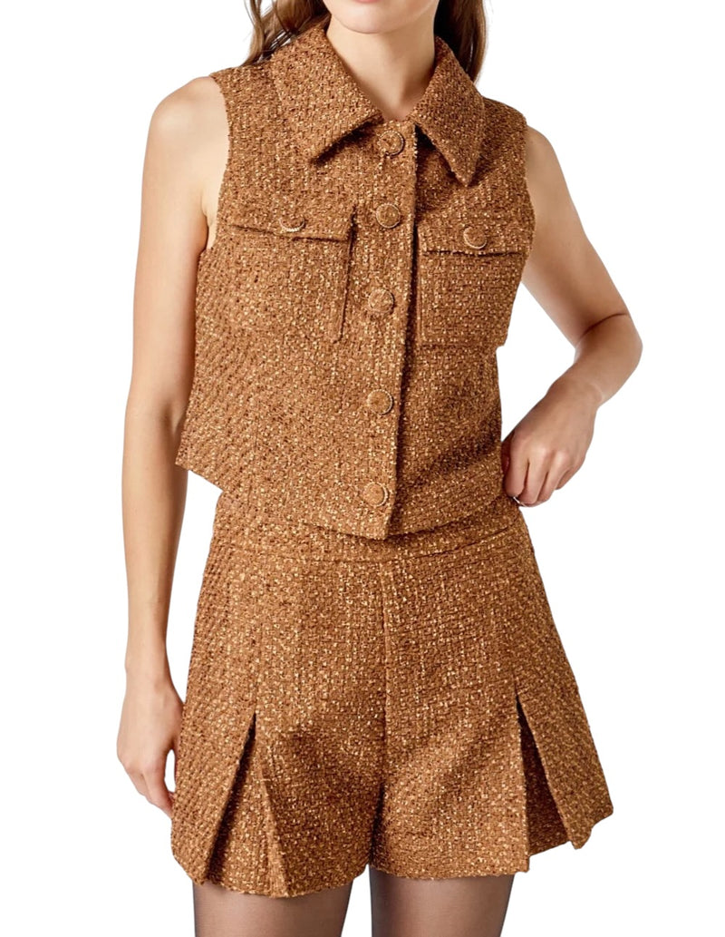 endless rose Tweed Short Sleeveless Jacket - Camel
