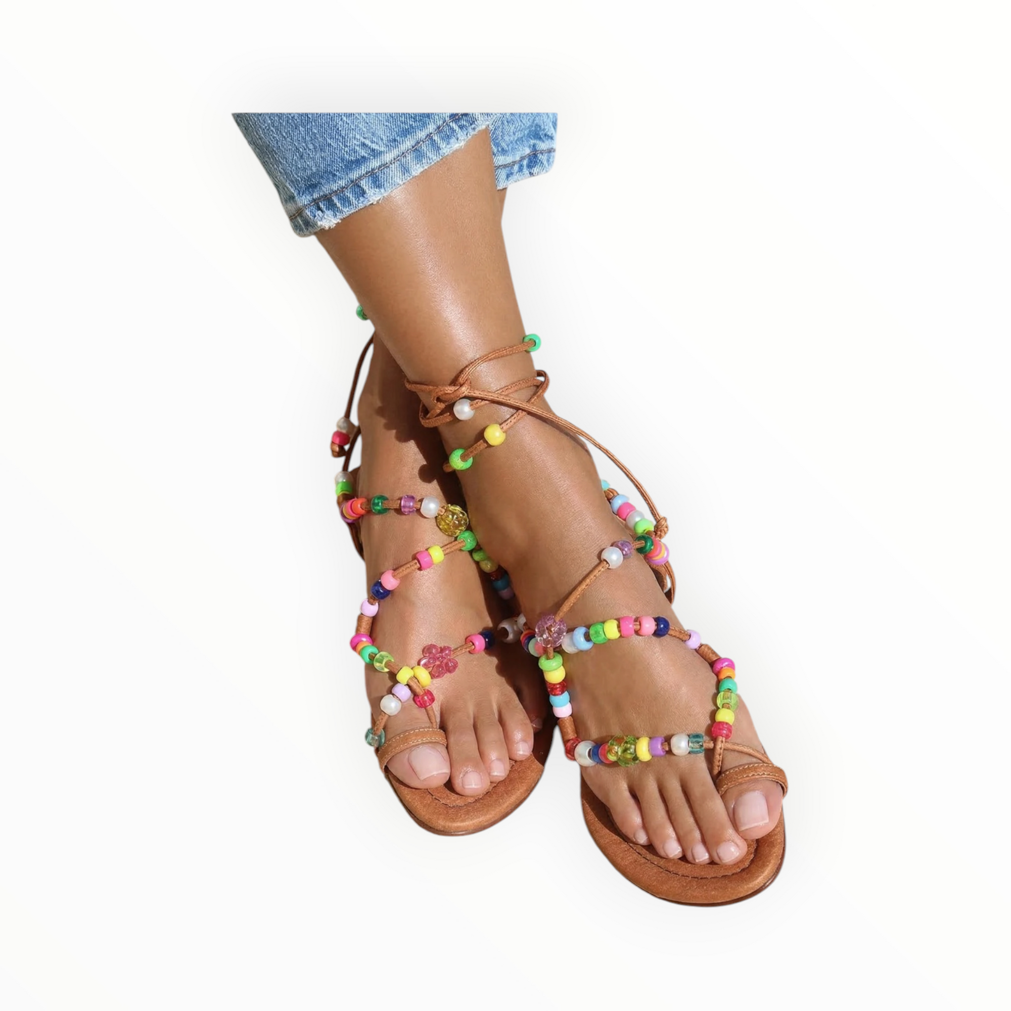 Alameda Turquesa Alegria Beaded Sandals - Tan Leather