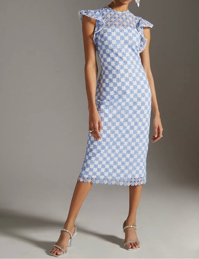 Shoshanna Rachel Embroidered Ruffle Dress - Sky Blue/Optic White