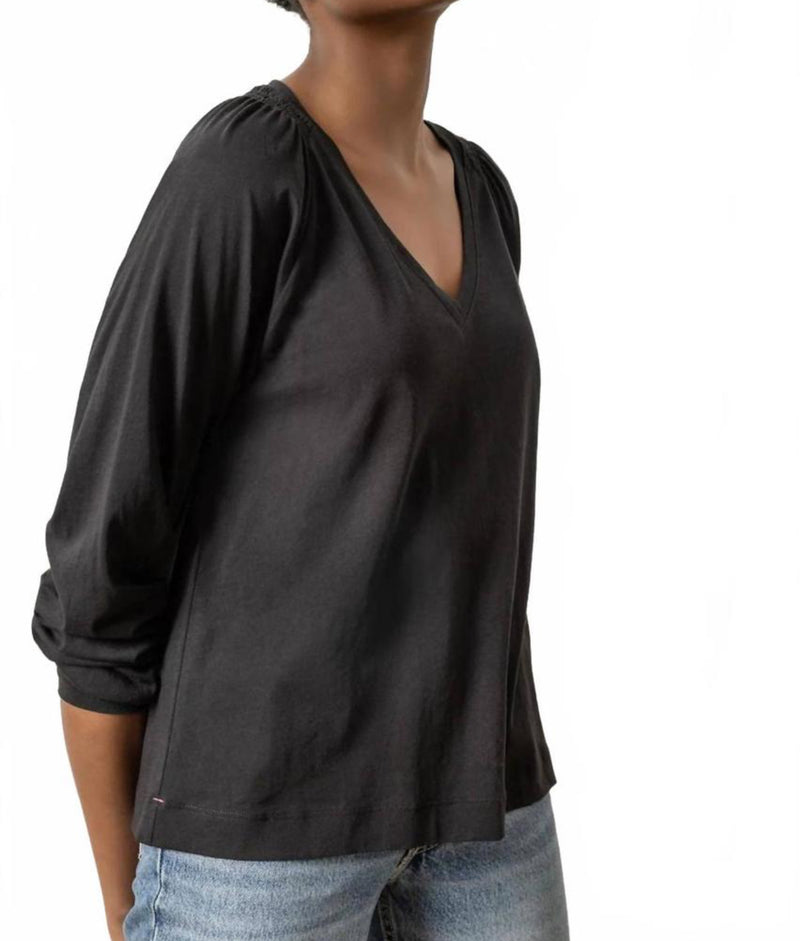 LILLA|P Full Sleeve Smocked V-Neck Tee - Black
