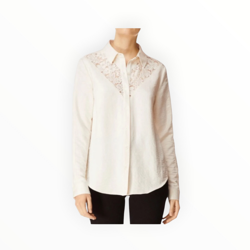 J Brand Lula Button-Front Long Sleeve Lace Inset Shirt - Moonbeam